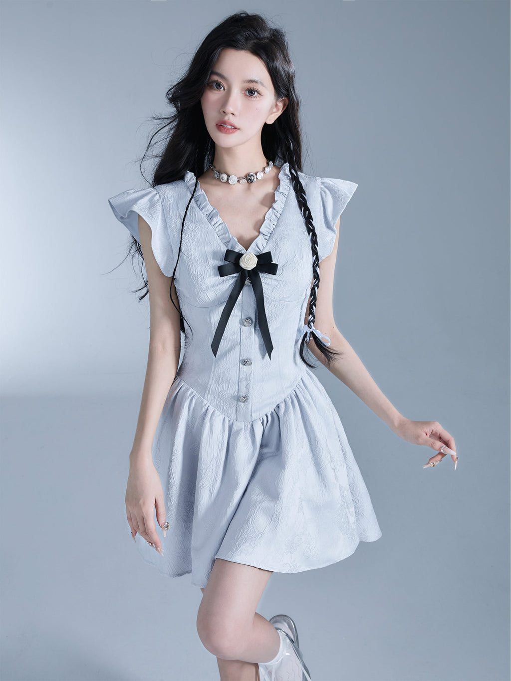 Floral Jacquard Dress With Butterfly Sleeves