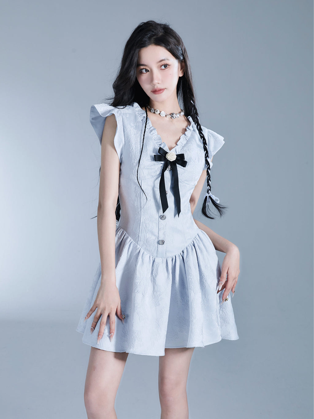 Floral Jacquard Dress With Butterfly Sleeves
