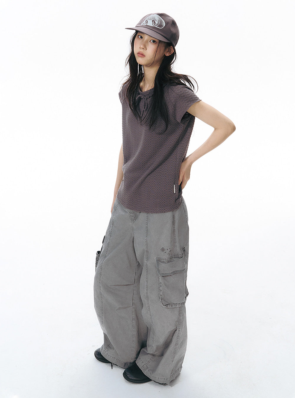Grayish Purple Ribbon Neck Top