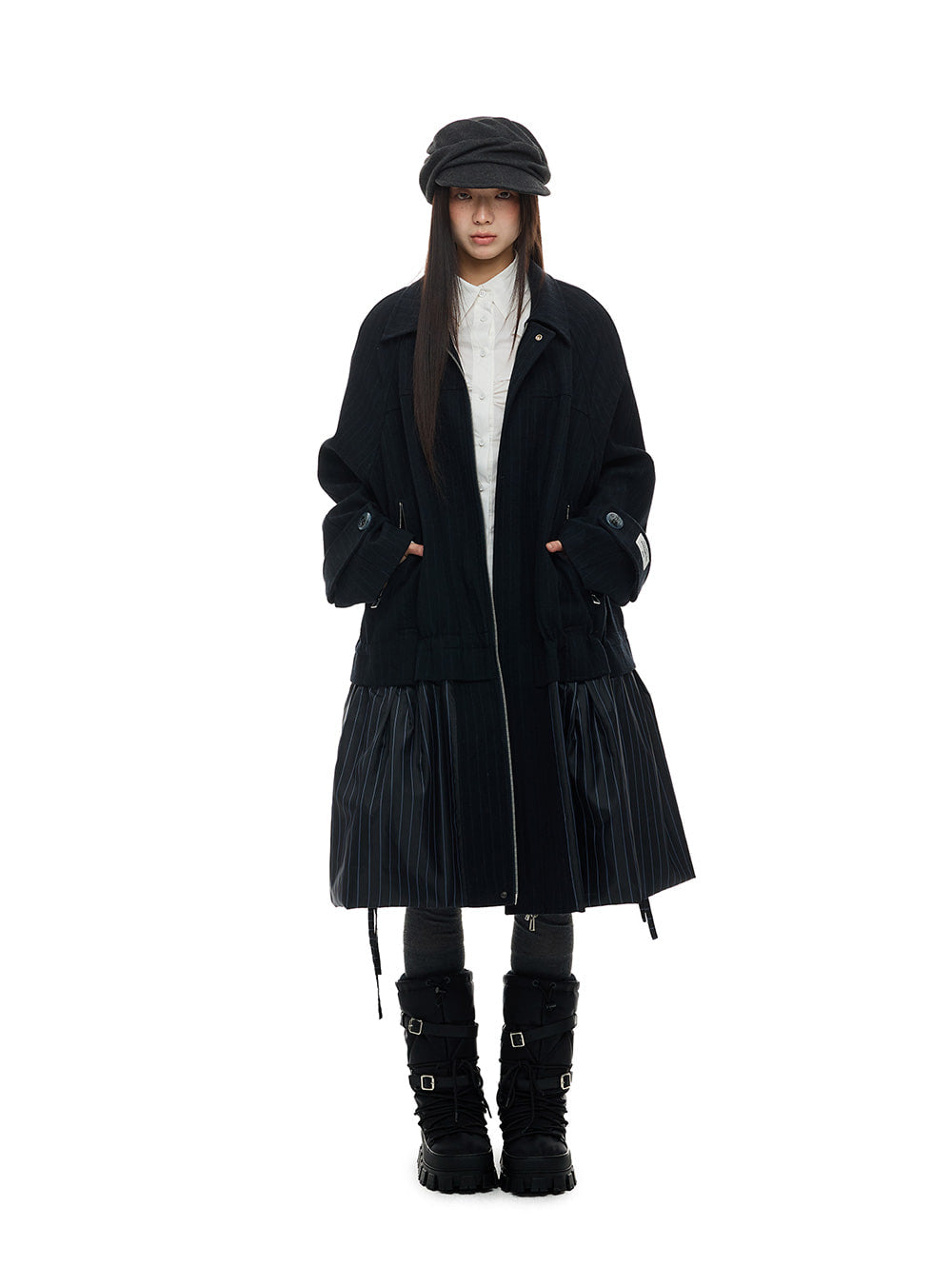 Navy Pinstripe Wavy Shirred Hem Coat