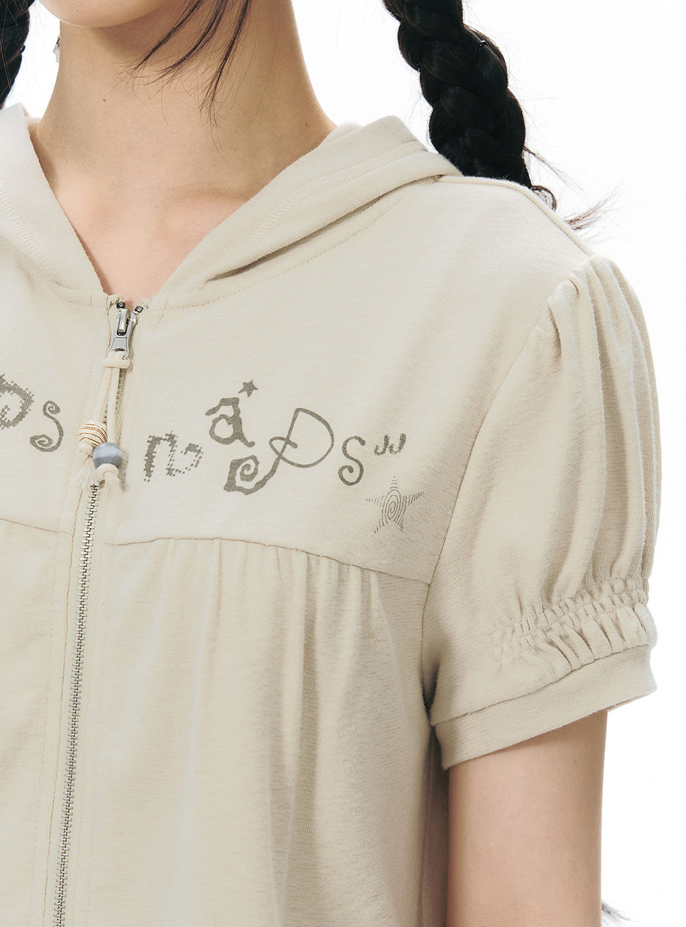 Text Embroidered Hood Zip-Up Top