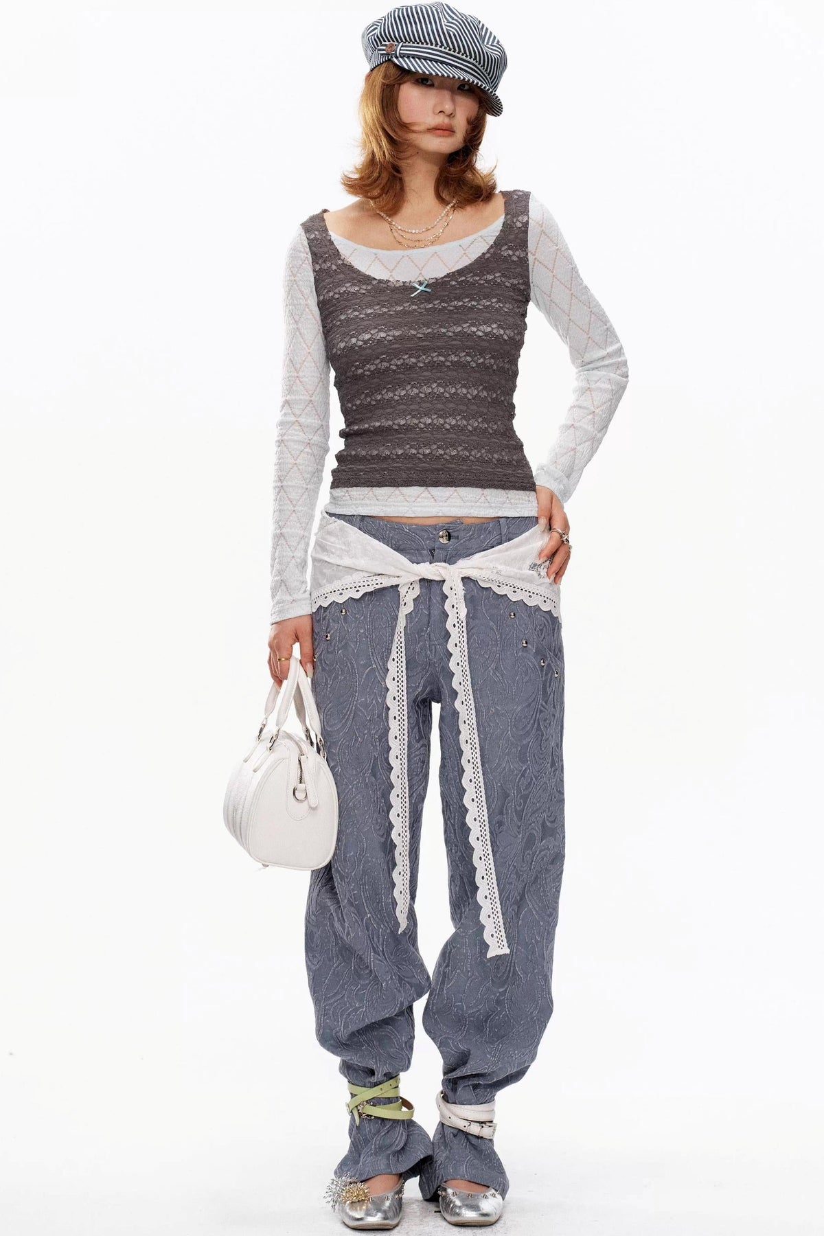 Blue-Gray Lace Knit Top
