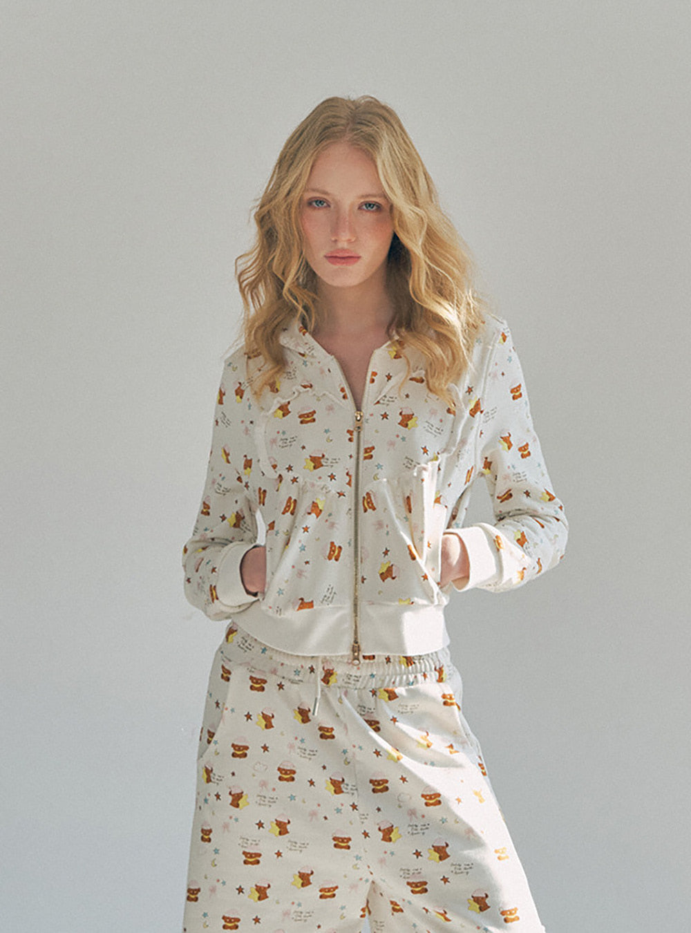 Mini Bear Print Zip-Up Hoodie