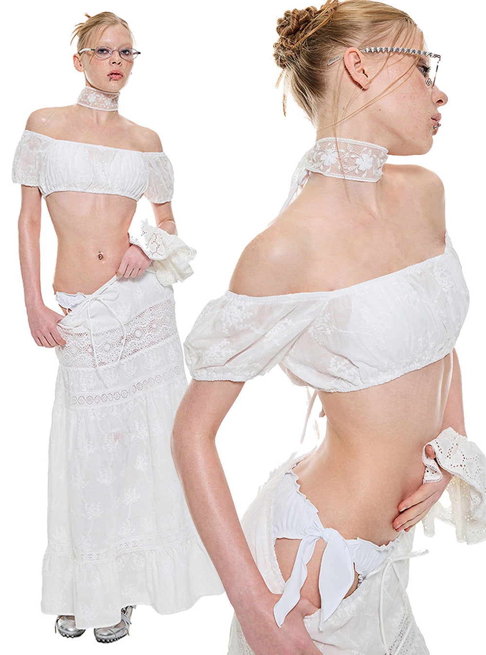 Embroidered Off-Shoulder Swim Set (3Piece)