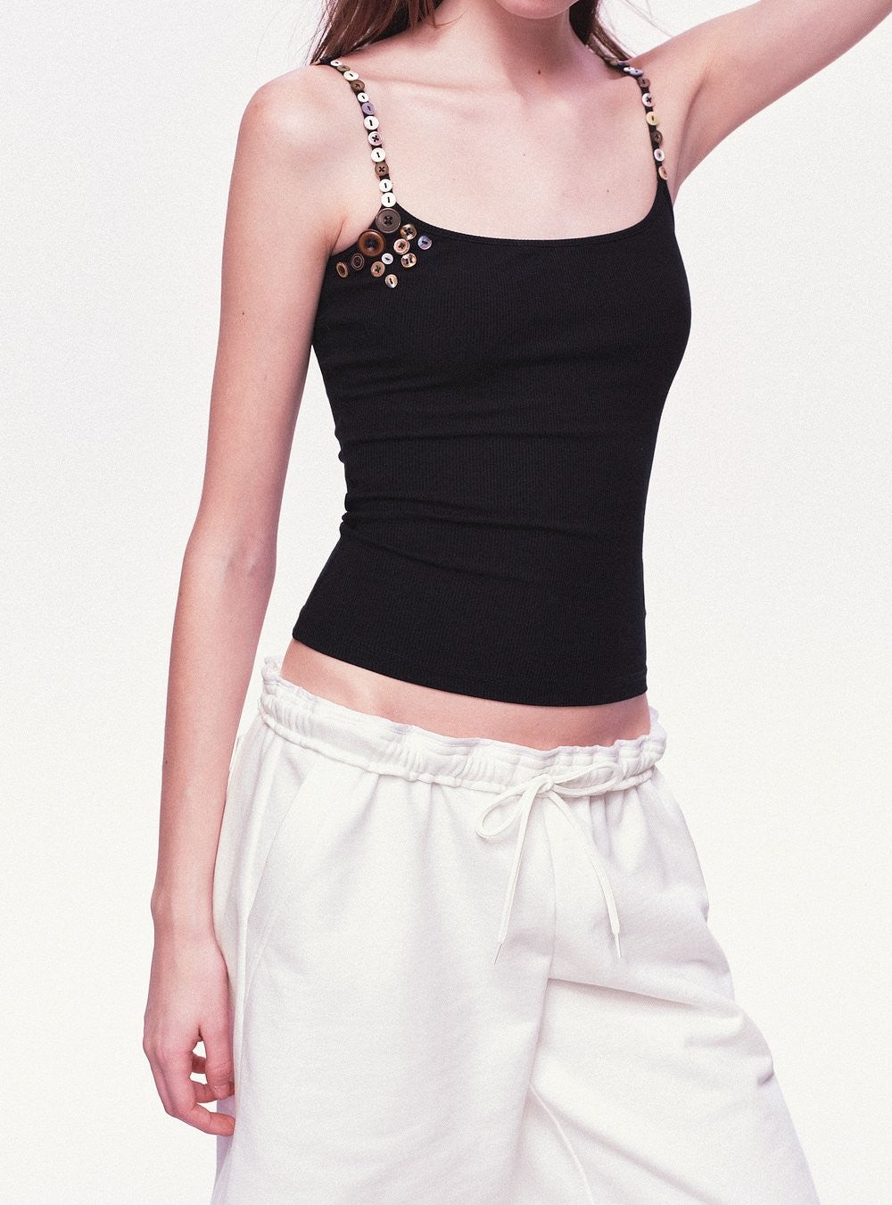 Black Button Strap Knit Top