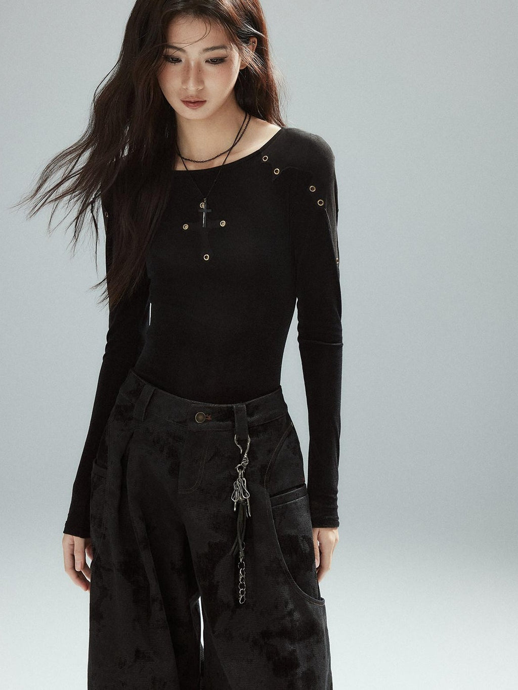 Slim Fit Patchwork Casual Crewneck Black Stretch Young Women Long Sleeve T-Shirts