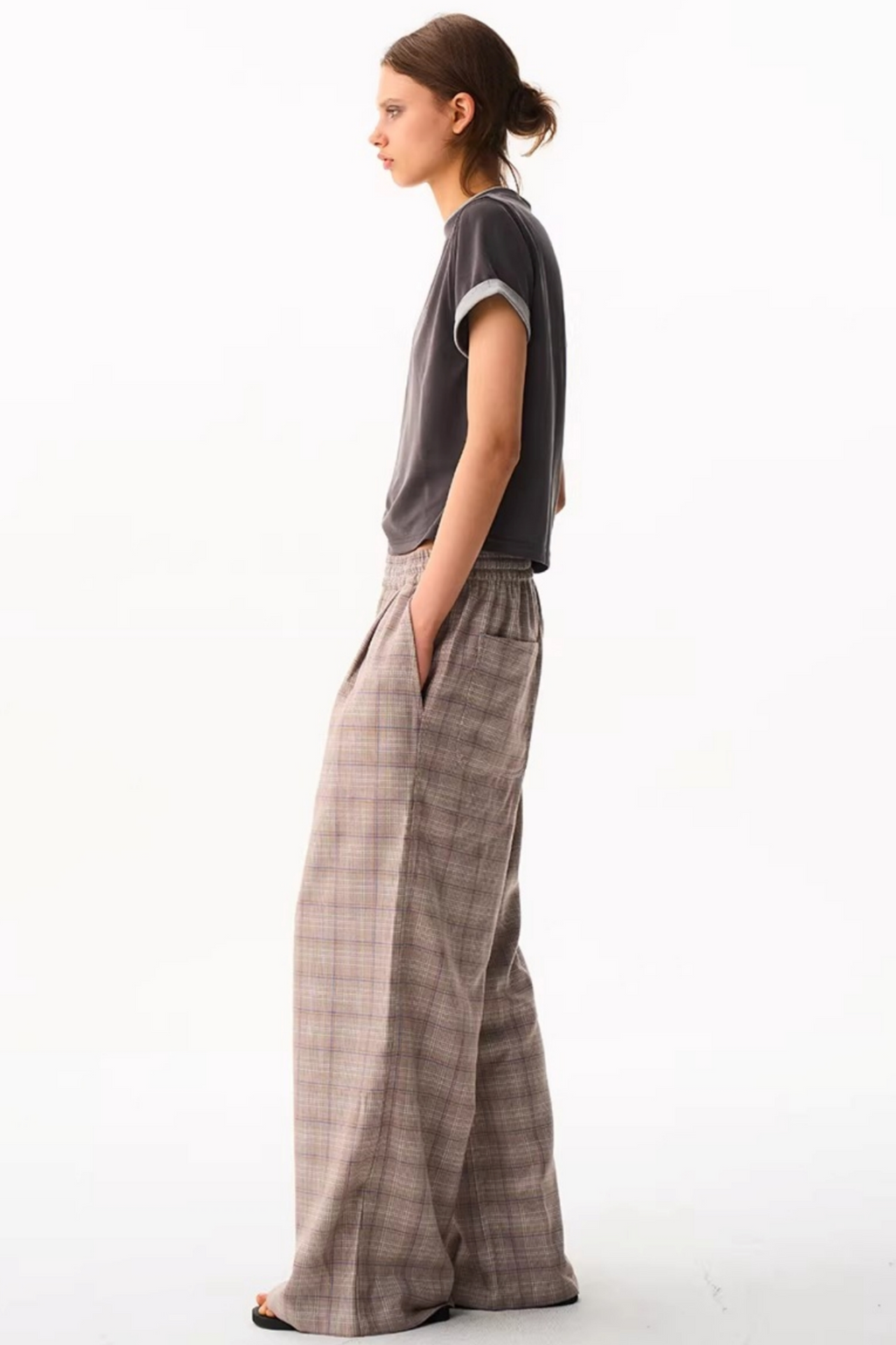 Blue Plaid Wide-Leg Pants