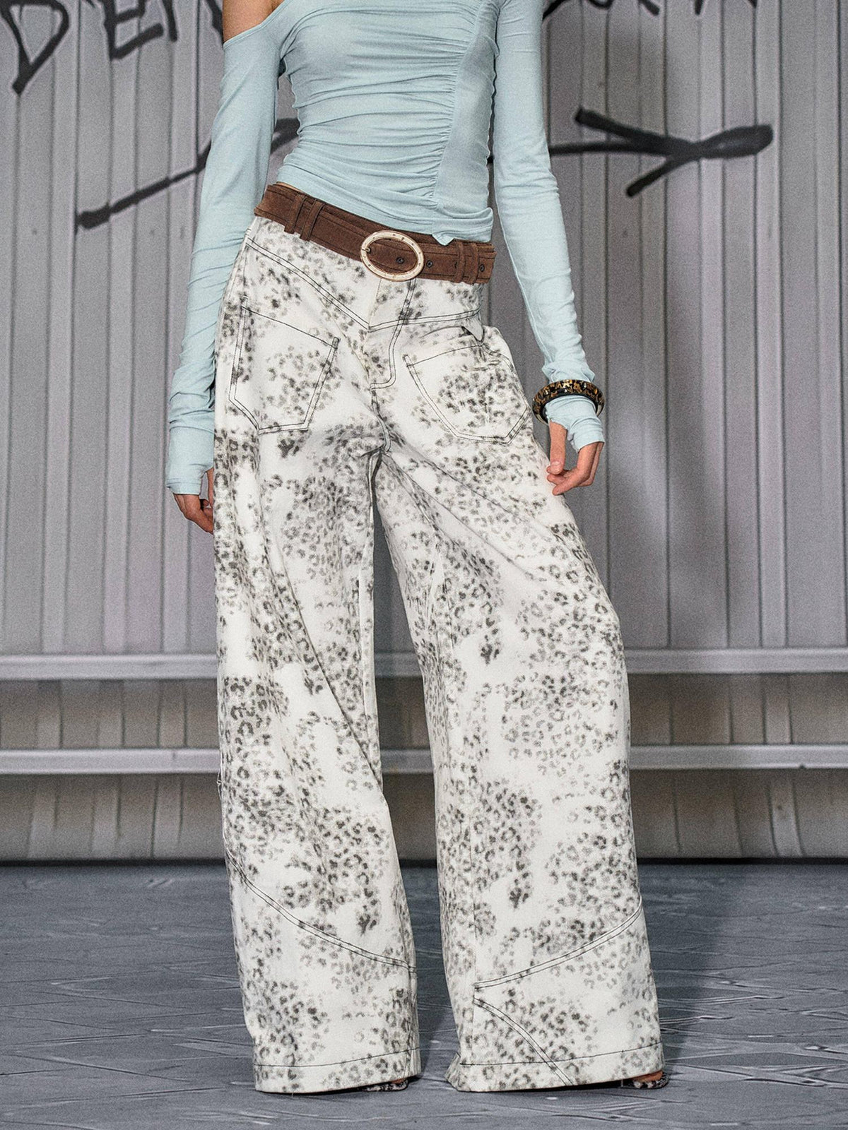 Leopard Cotton Zipper Natural Waist Loose Fit Sexy Women Wide Leg Jeans