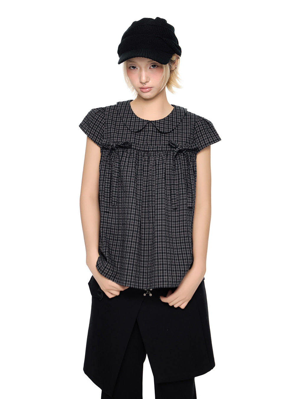Petal Doll Check Ribbon Blouse Top