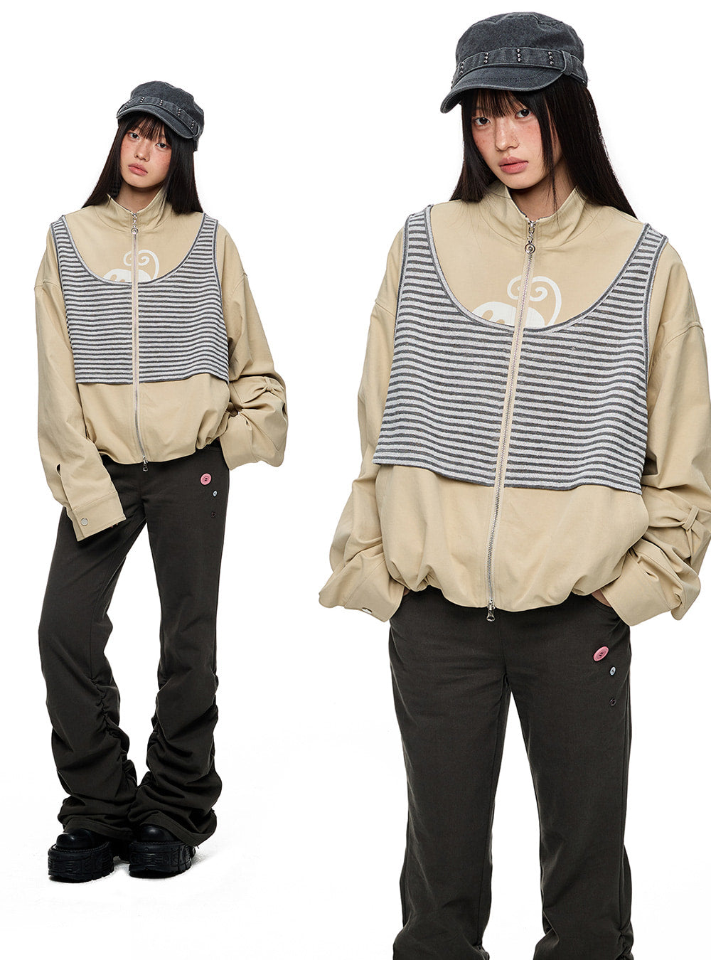 Colorblock Layered Knit Stripe Zip Jacket