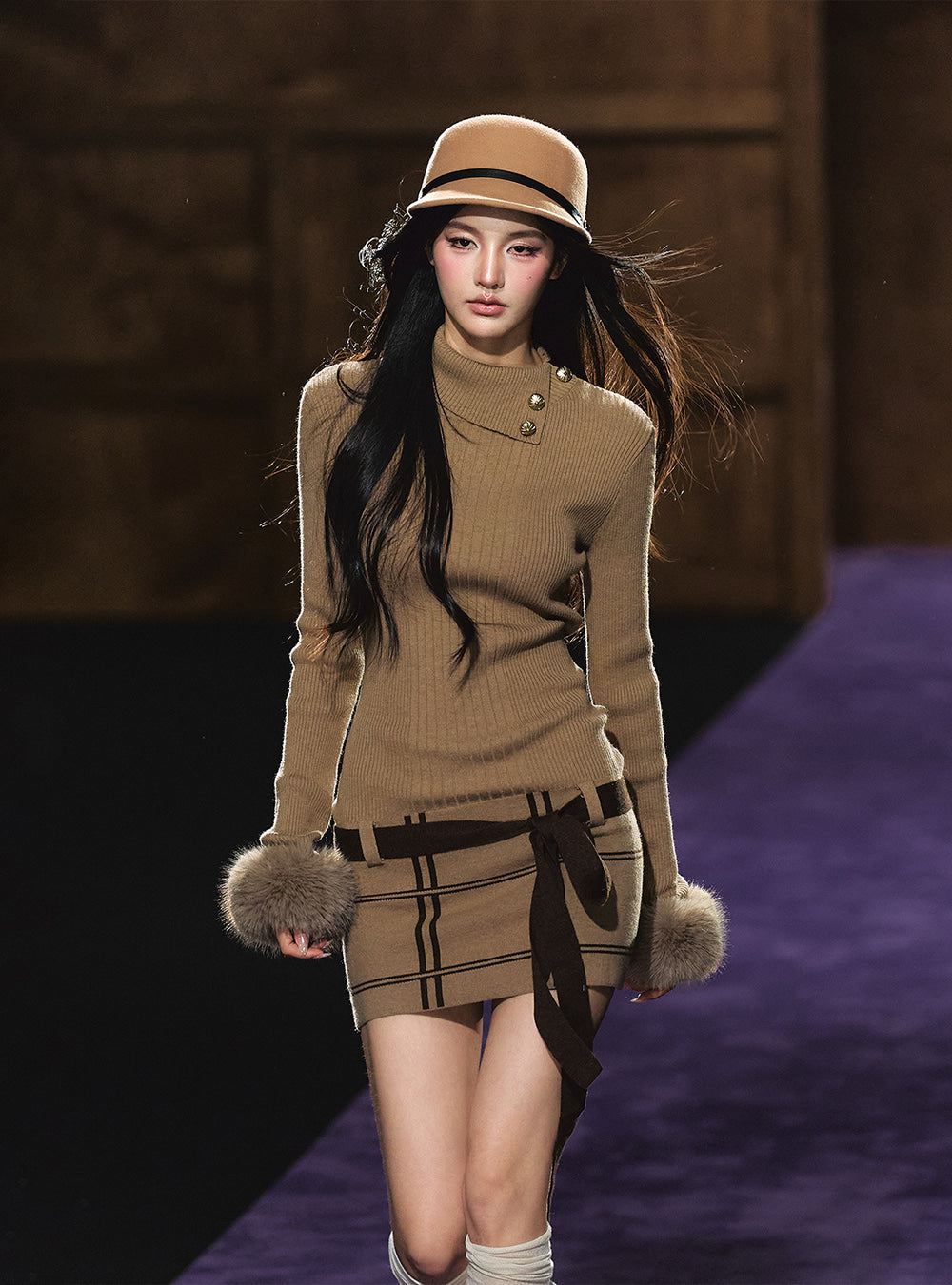 Mocha Furry Cuff Knit Dress