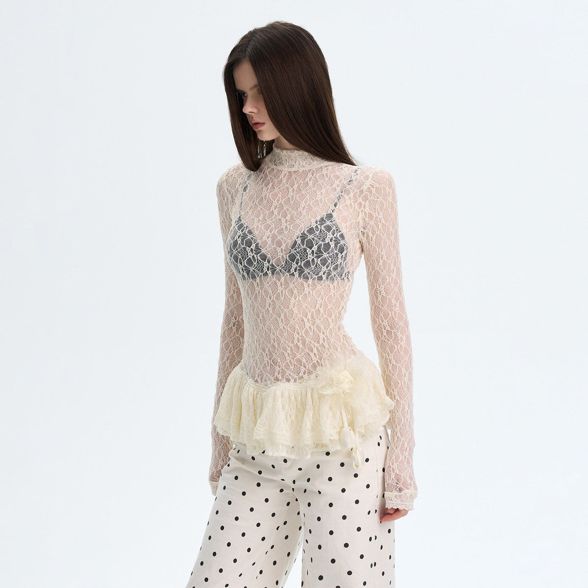 High Stretch Nylon Lace Vintage Slim Layered For Women Long Sleeve Crop Tops