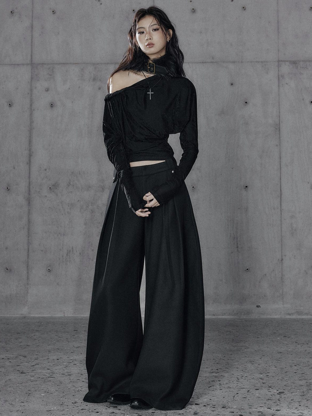 Vintage Waist Long Sleeve Slant Neck Black Knit Women Off Shoulder Crop Tops