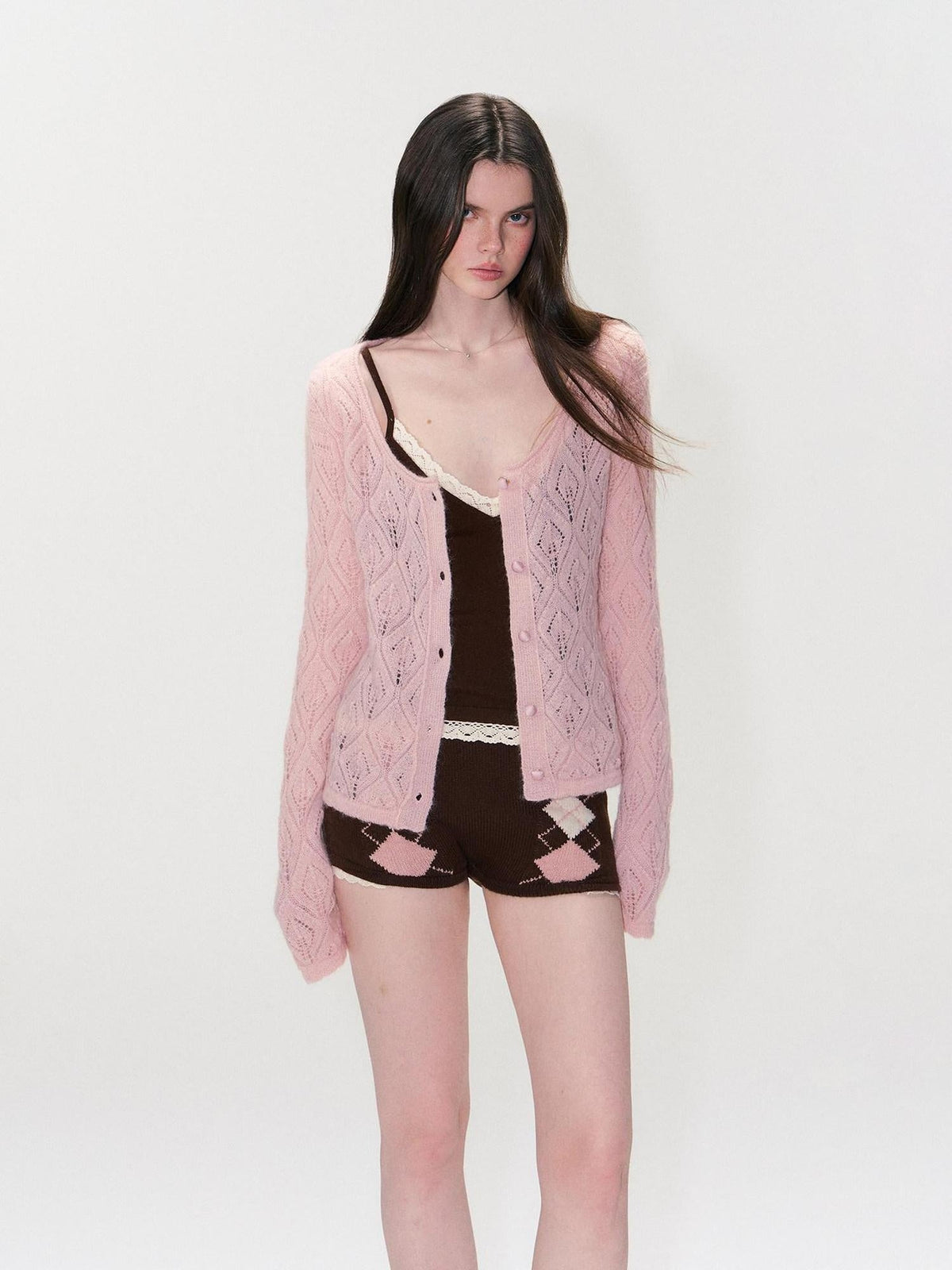 Alpaca Mohair Lightweight Diamond Cropped Button Front Women Knit Cardigans