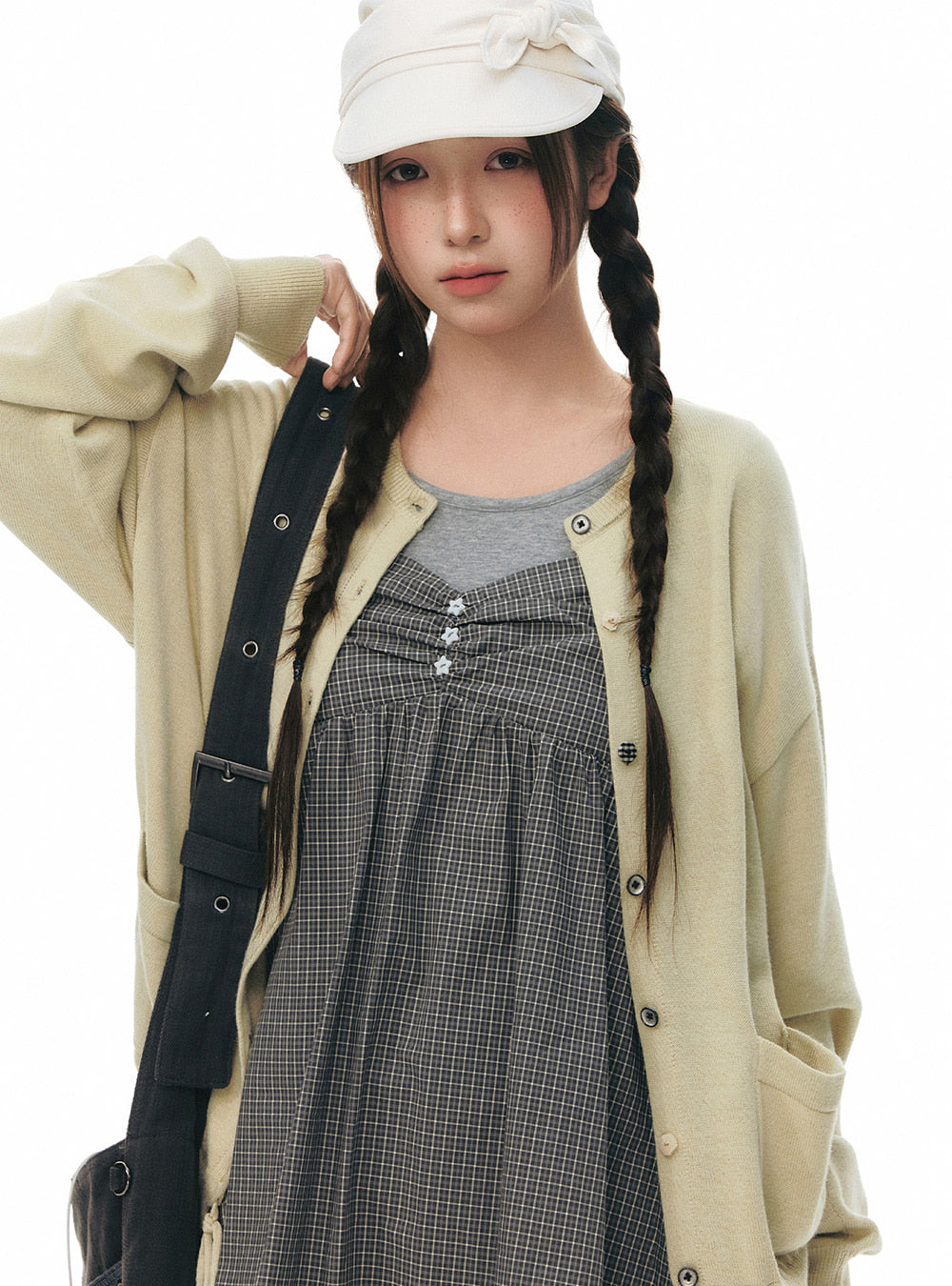 Star Button Check Layered Dress (2color)