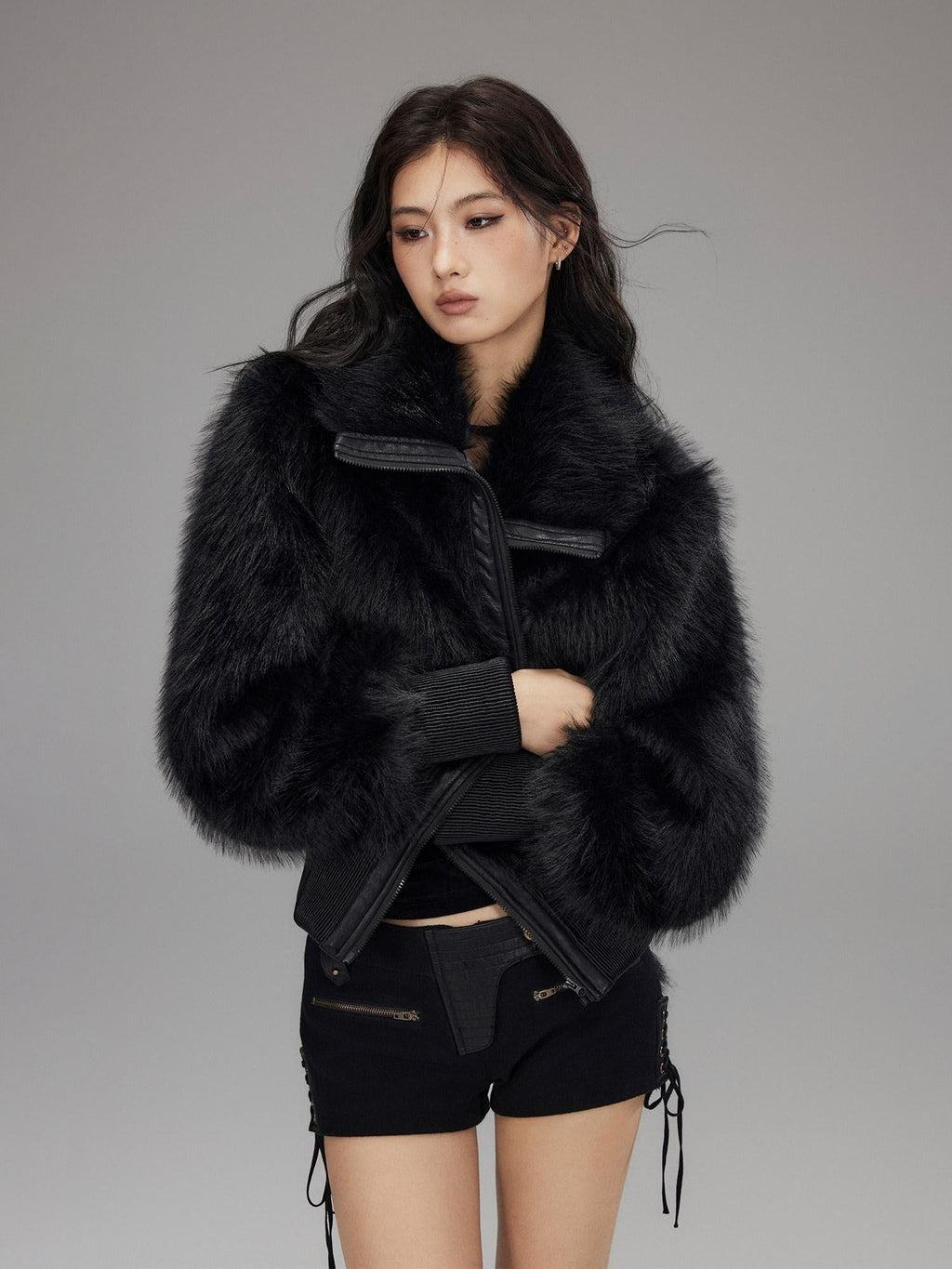 Warm Thick Black Sexy Slim Fit Spandex Zipper Lapel Women Cropped Jackets