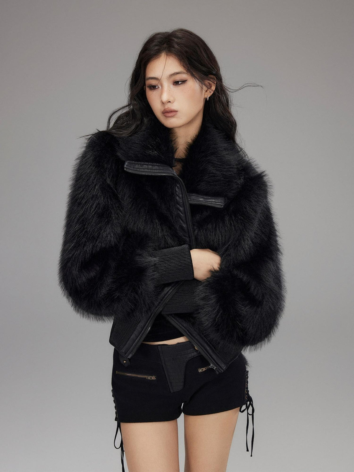 Warm Thick Black Sexy Slim Fit Spandex Zipper Lapel Women Cropped Jackets