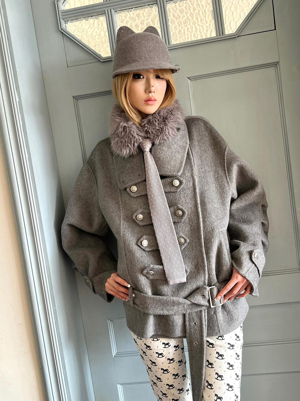Warm Wool Blend Pleated Biker Collar Unisex Double Breasted Cropped Wool Coats