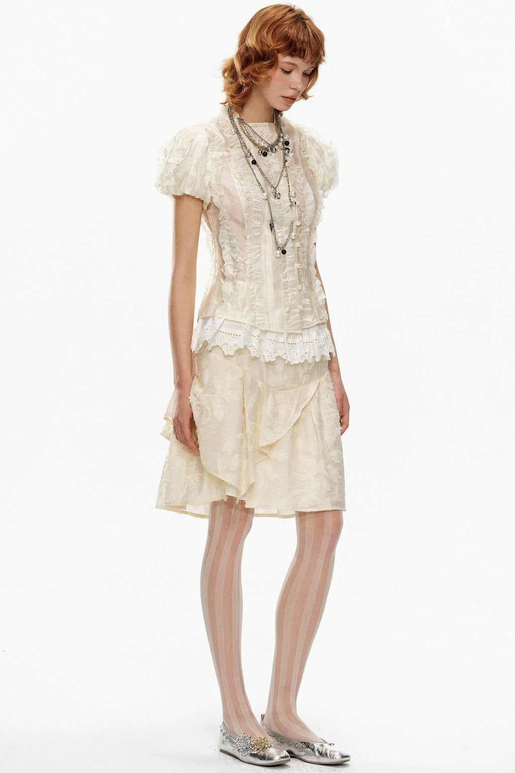 Beige Jacquard Puff Sleeve Blouse