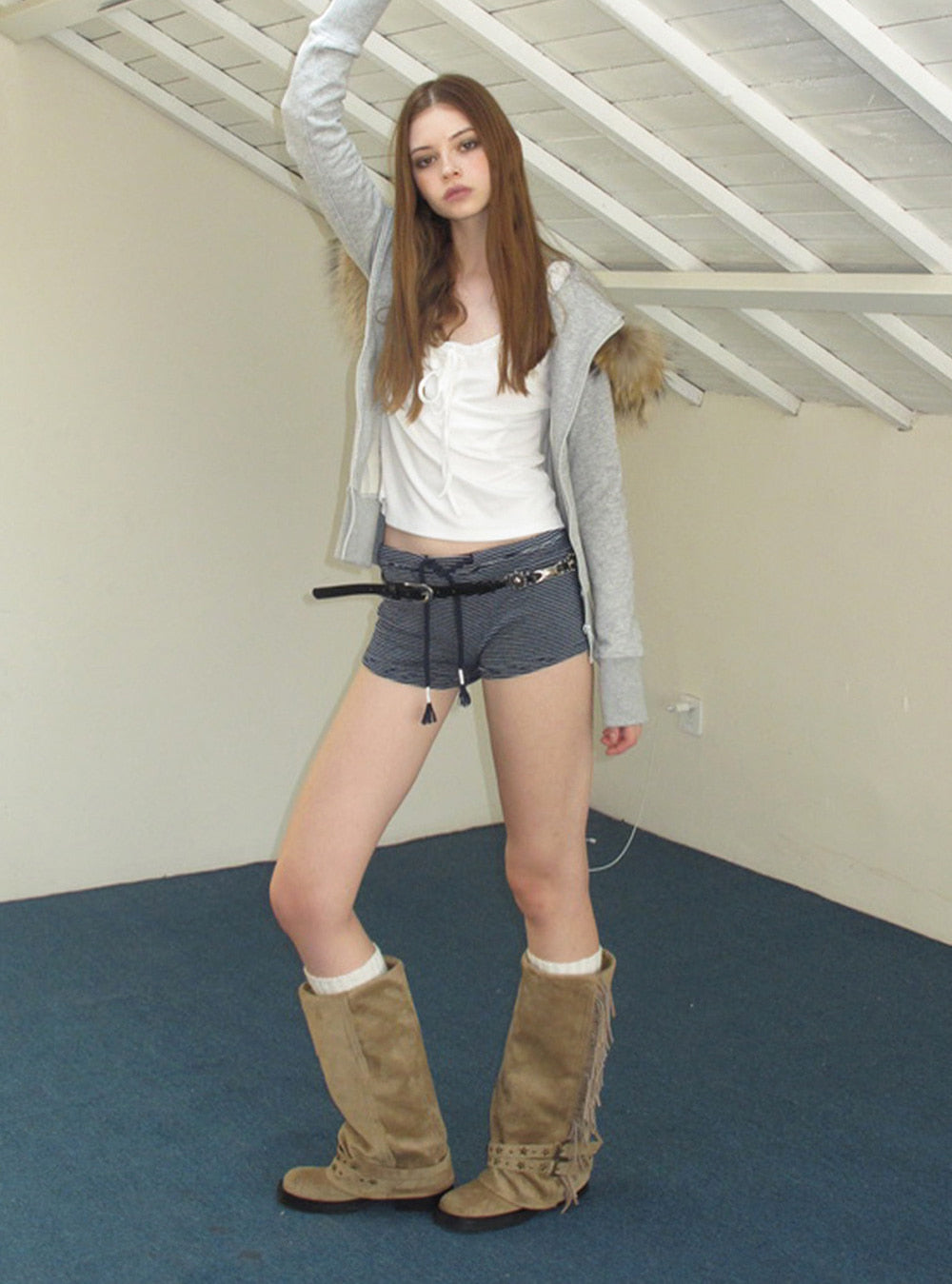 Shadow Fringe Stud Long Cowhide Boots