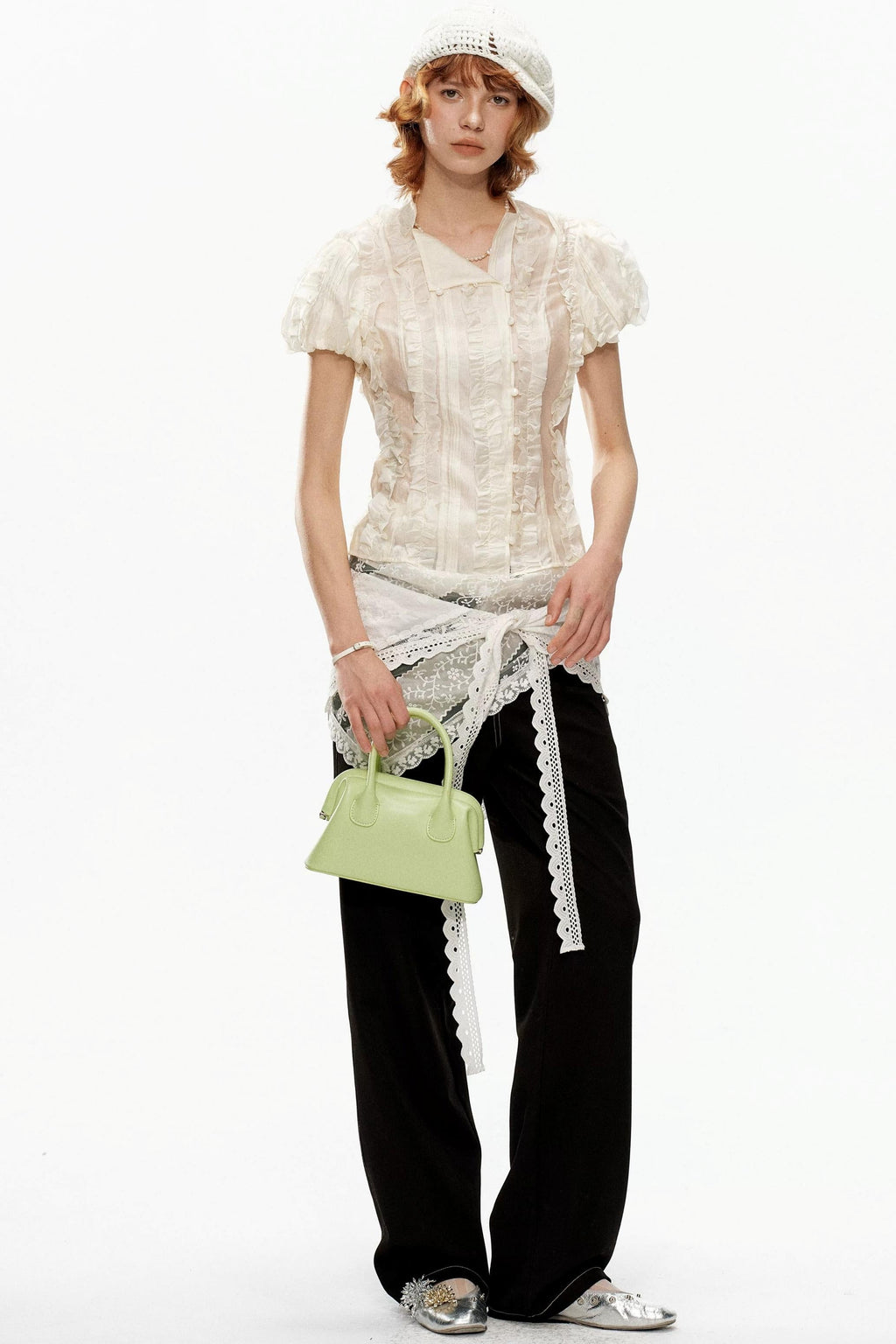 Beige Jacquard Puff Sleeve Blouse