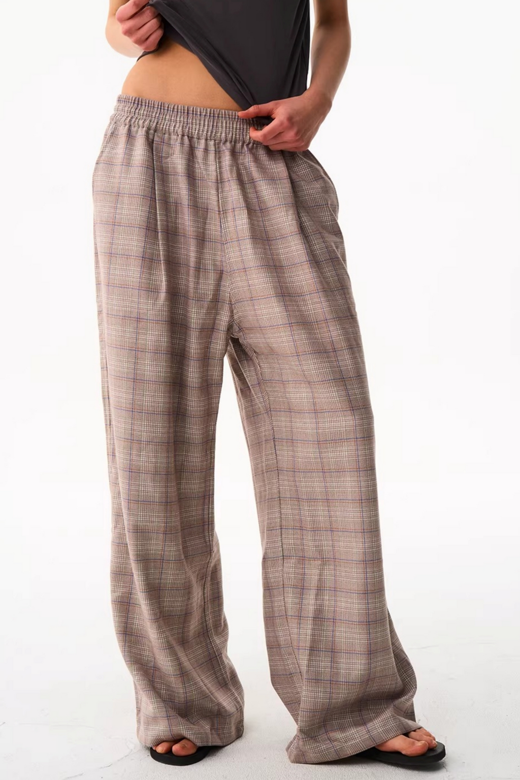 Blue Plaid Wide-Leg Pants