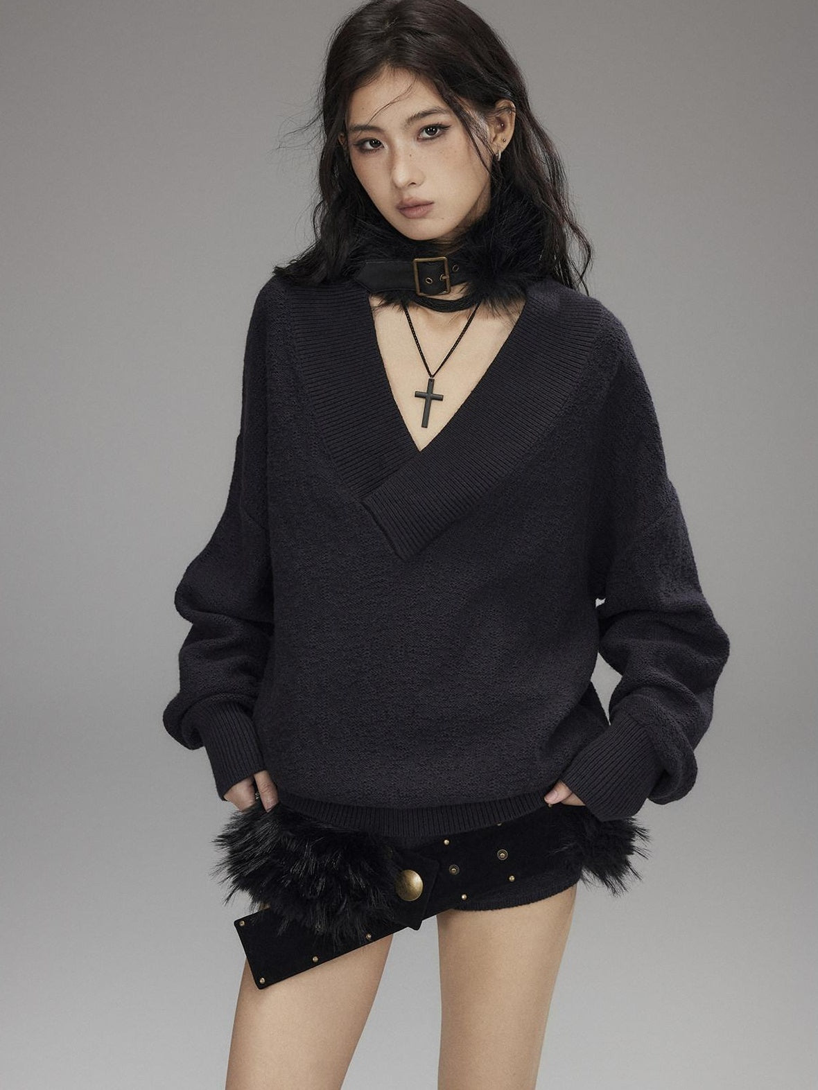 Knitted Wool Blend Loose Street Style Women Two Piece Set Navy Mini Shorts