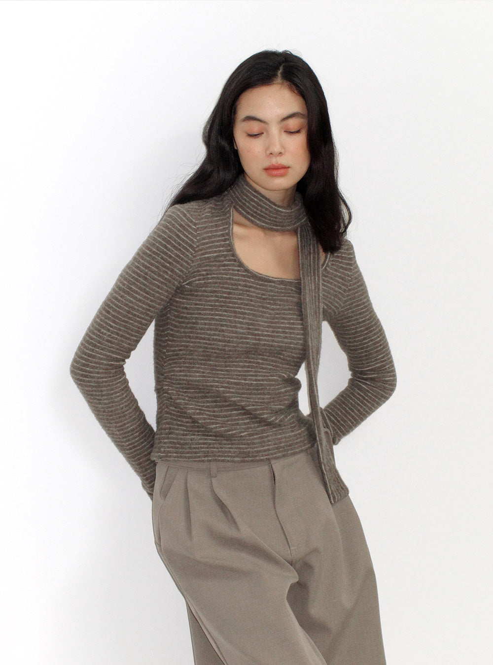 Dusty Gray Knit Striped Tie Slim Top