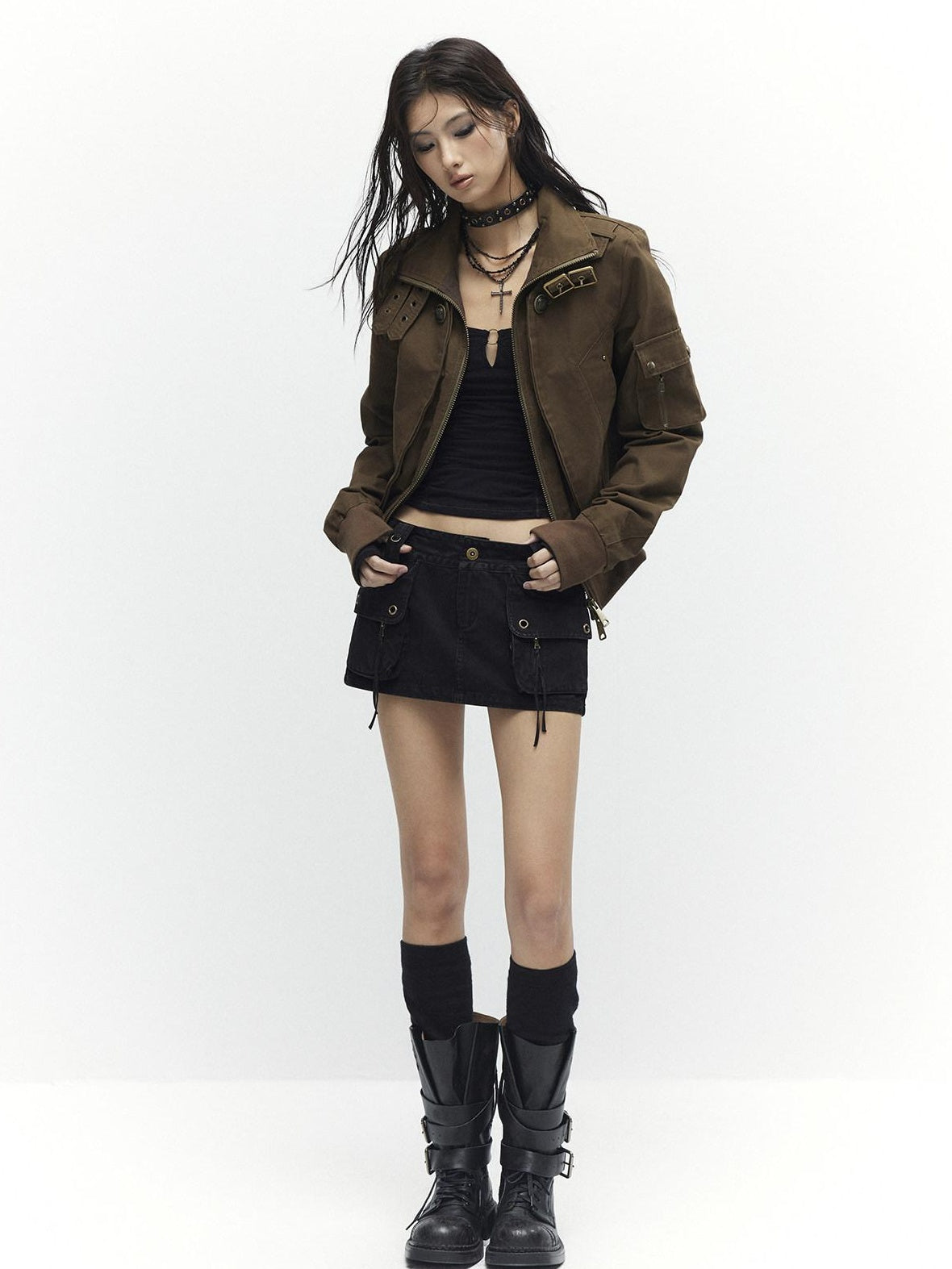 Slim Waist Dark Gothic Cotton Zip Stand Collar Long Sleeve Women Cropped Jackets