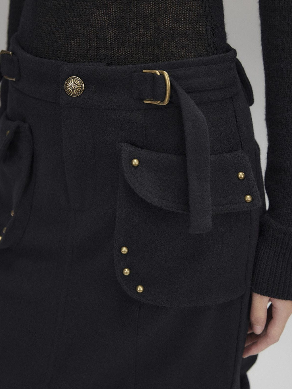 Wool Blend Low Rise Cargo Pockets Front Slit Hline Casual Black Midi Skirts