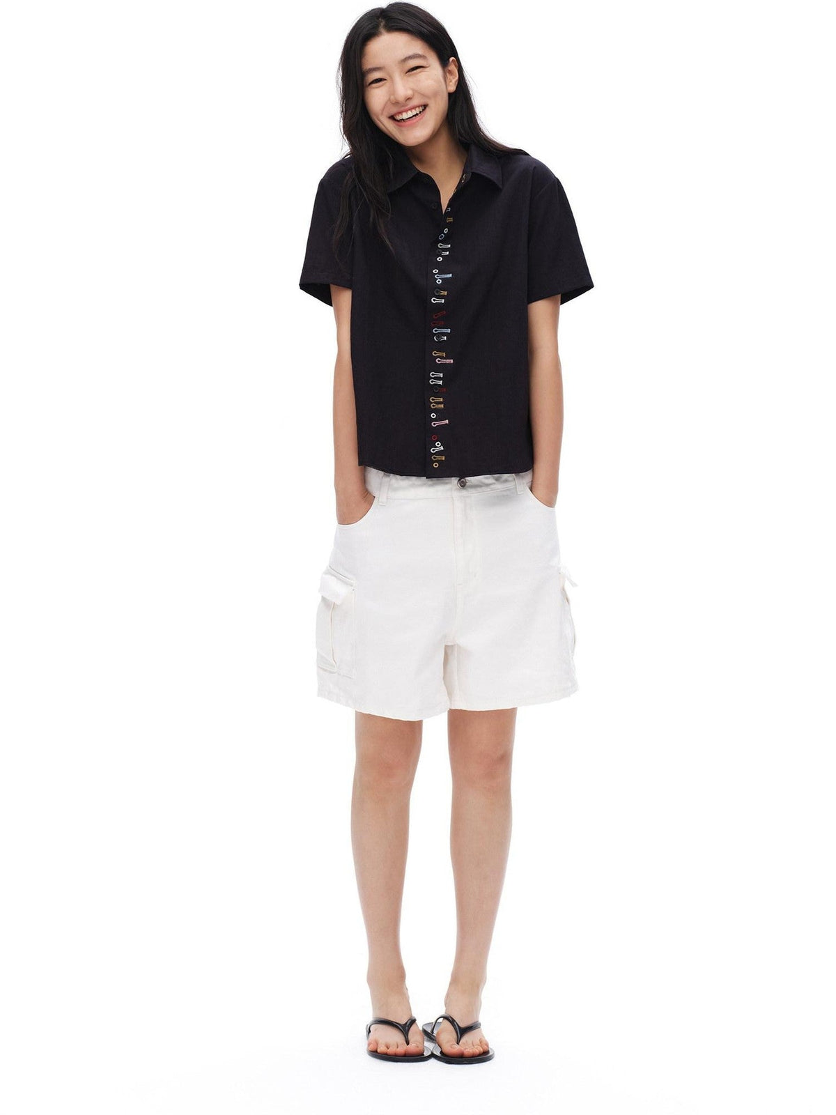 White Vintage Bermuda Cargo Button Fly Pocket Women'S Cotton Denim Shorts