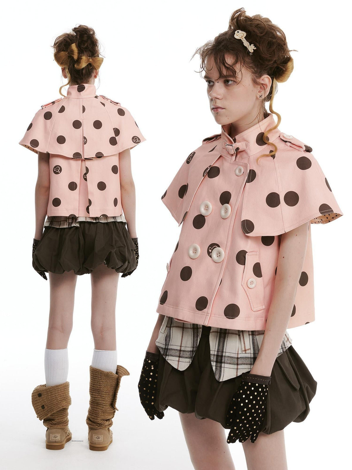 Windproof Cotton Stretch Cute Cropped Doublebreasted Unisex Polka Dot Blouses