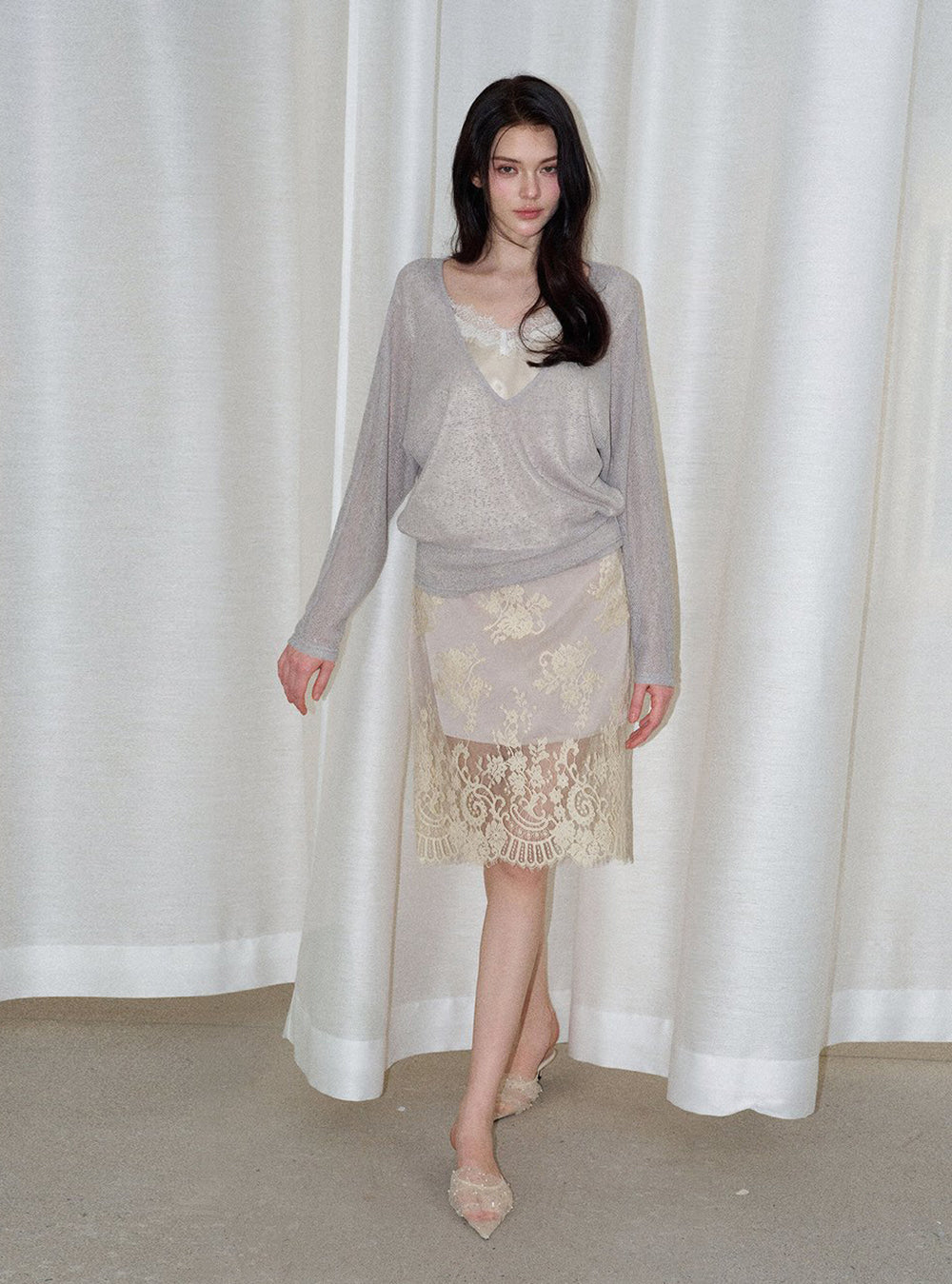 Champagne Lace Midi Skirt
