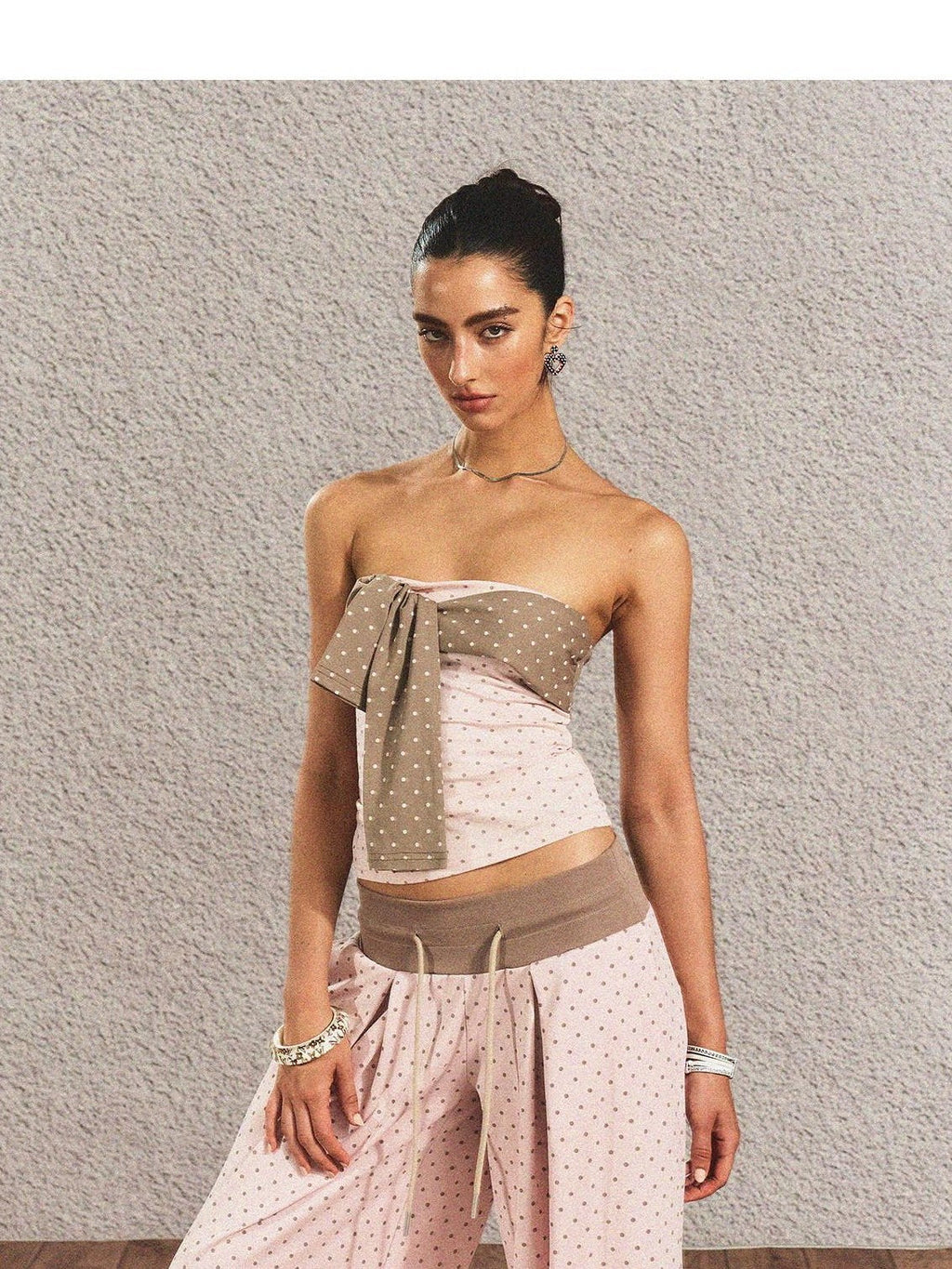 Polka Dot Cotton Two Piece Colorblock Sexy High Waist Pants Tube Tops