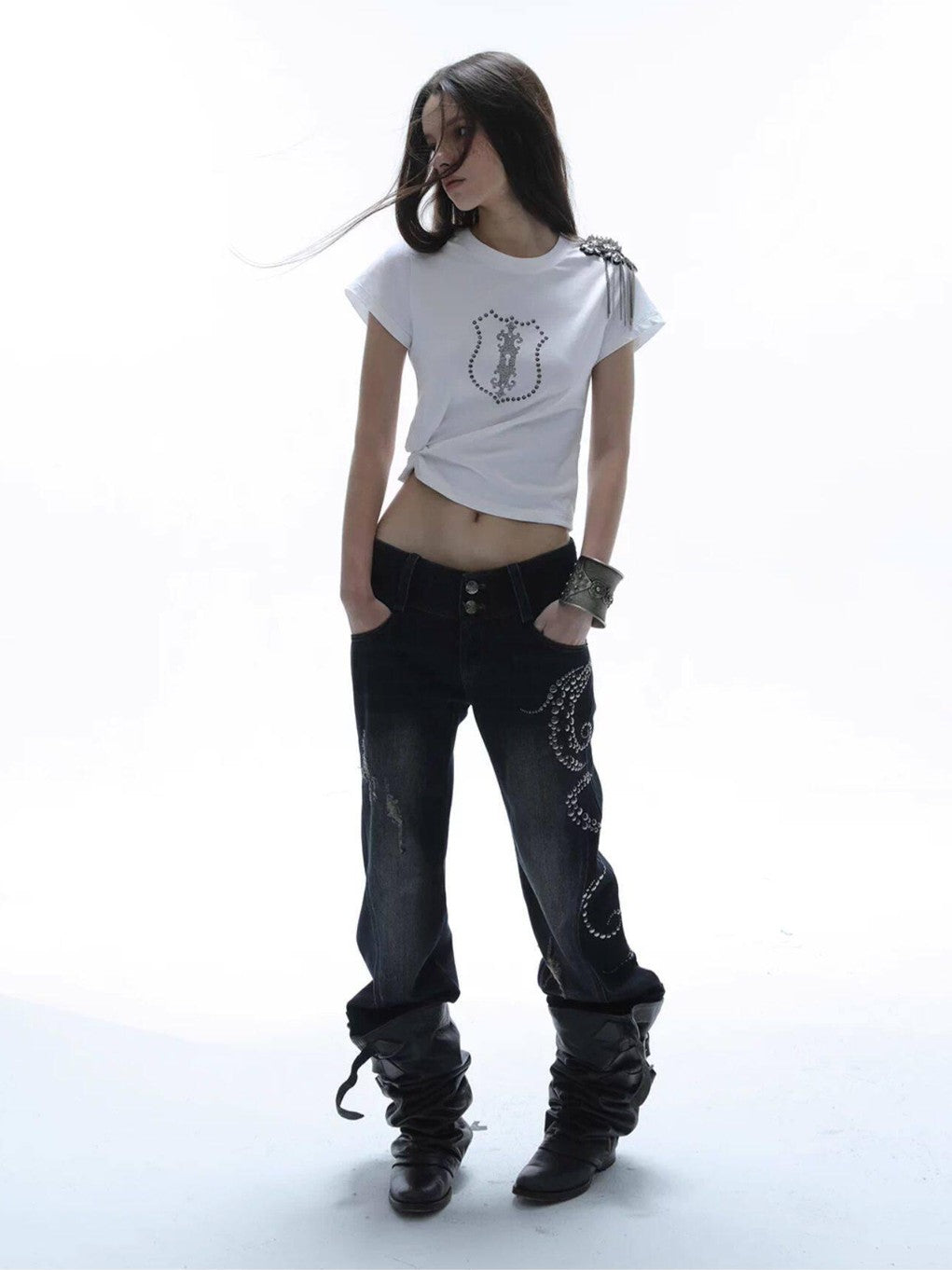 Cropped Hotfix Rhinestone Slim Fit Vintage Women'S Cotton Short Sleeve T-Shirts
