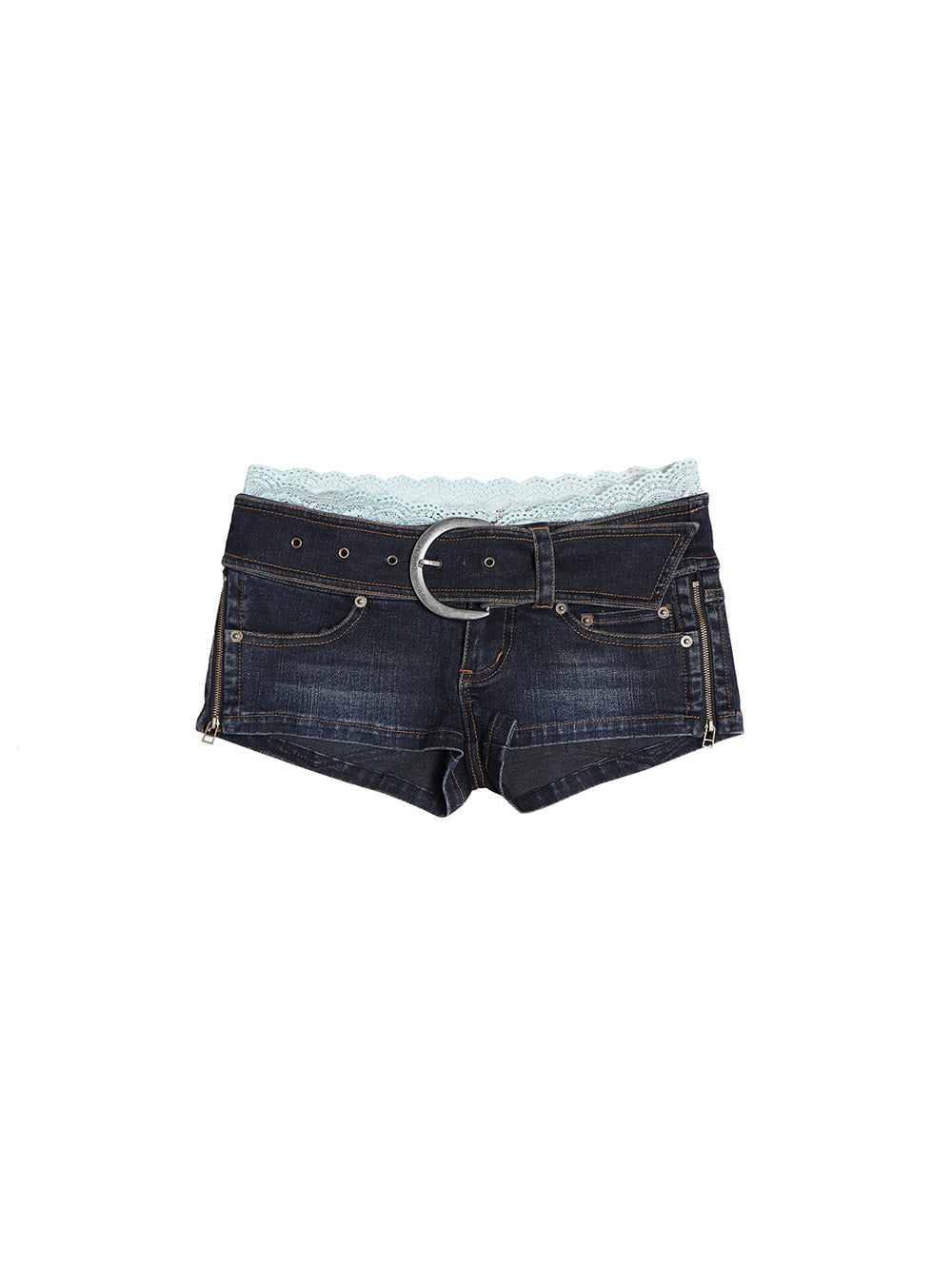 Lace Layered Low-Rise Denim Micro Shorts