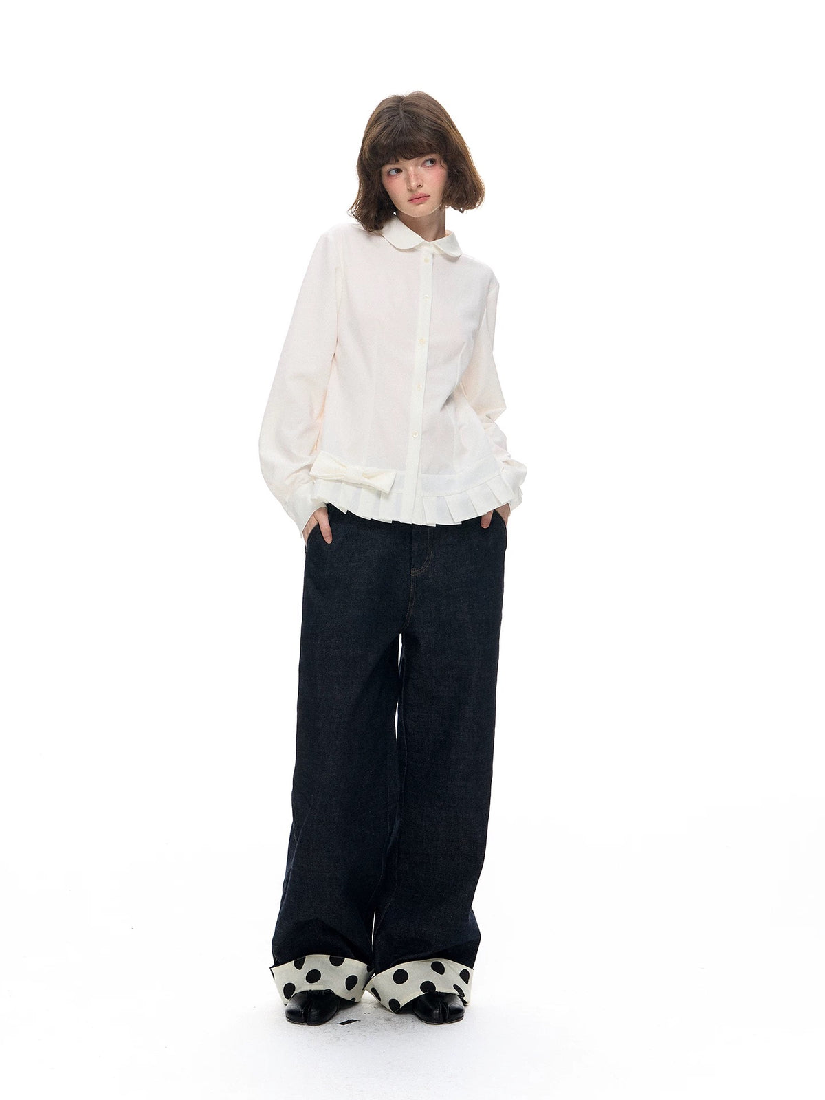 Romance Nanci Peter Pan Collar Long Sleeve Shirt Pleated Layered Top