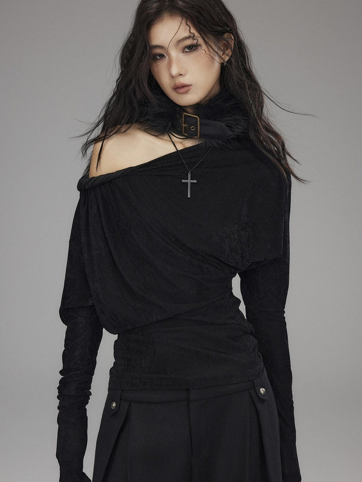Vintage Waist Long Sleeve Slant Neck Black Knit Women Off Shoulder Crop Tops