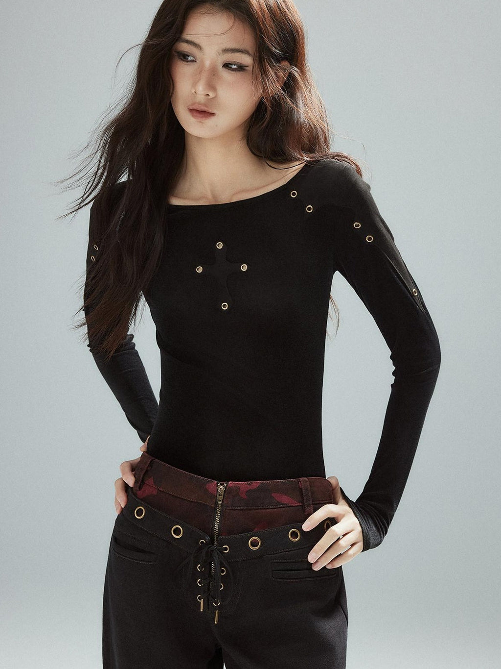 Slim Fit Patchwork Casual Crewneck Black Stretch Young Women Long Sleeve T-Shirts