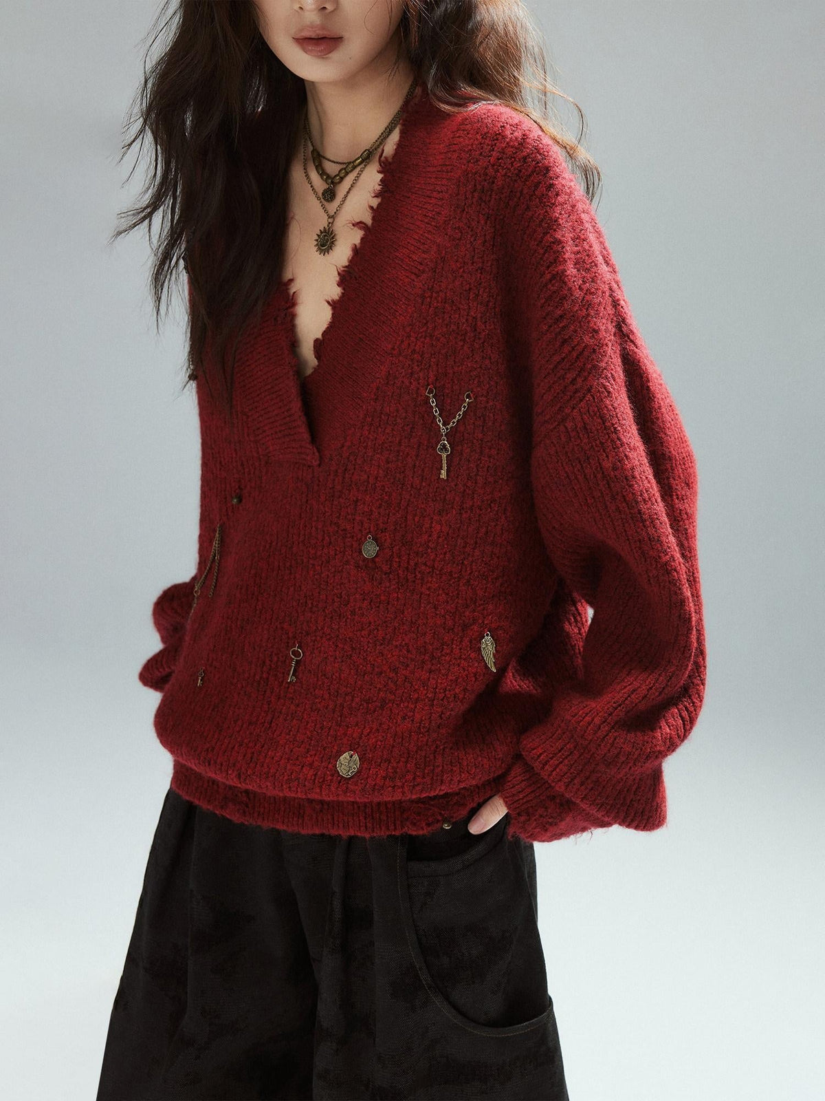 Warm Oversized Street Raw Hem Women V-neck Red Pullover Sweaters