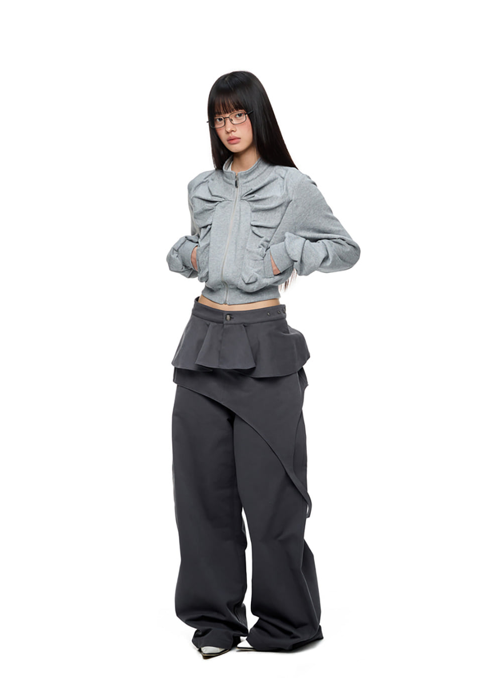 Asymmetrical Shirred Zip-Up Sweatshirt