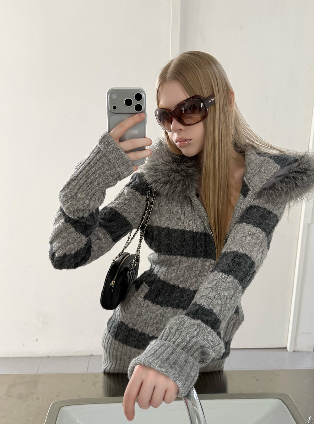 Stripe Cable Knit Hooded Cardigan