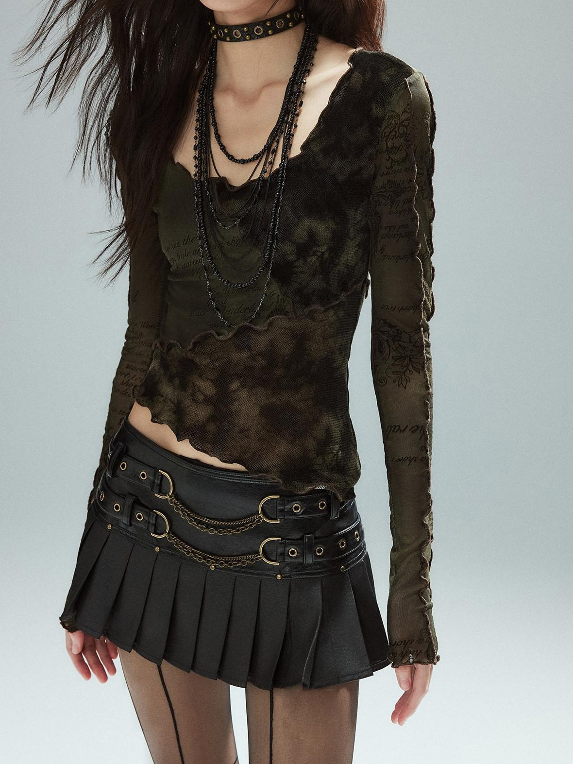 Low Waist Pleated A Line Street Patchwork Chain Zipper Lined Black Mini Skirts