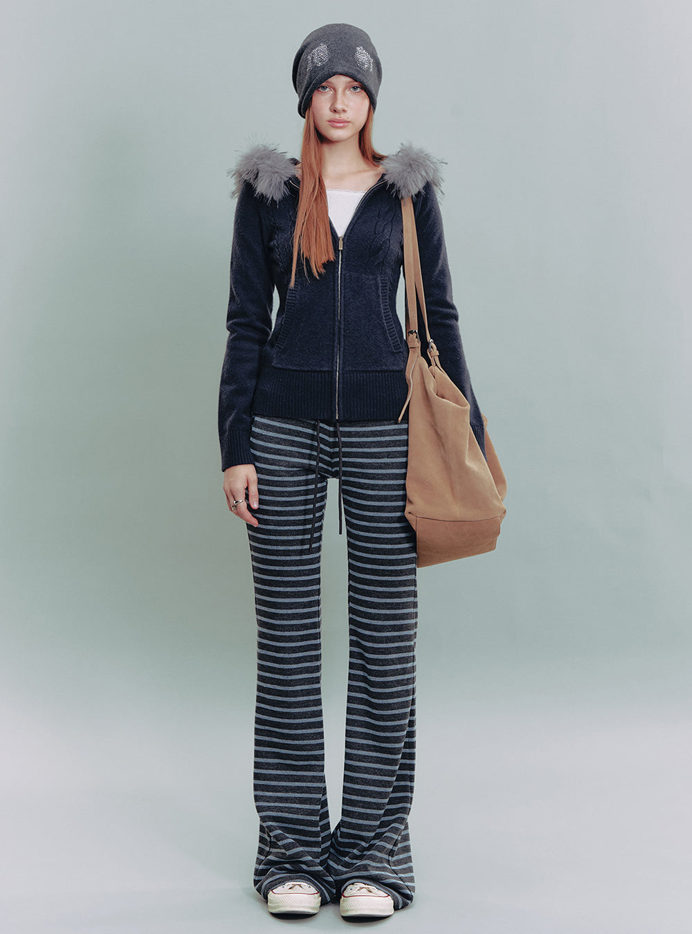 Navy Fur Hooded Zip-Up Knit Jacket