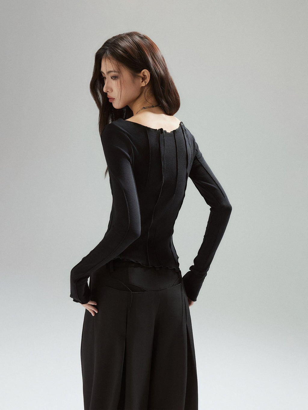 Patchwork V-neck Slim Street Girls Lyocell Black Long Sleeve T-Shirts