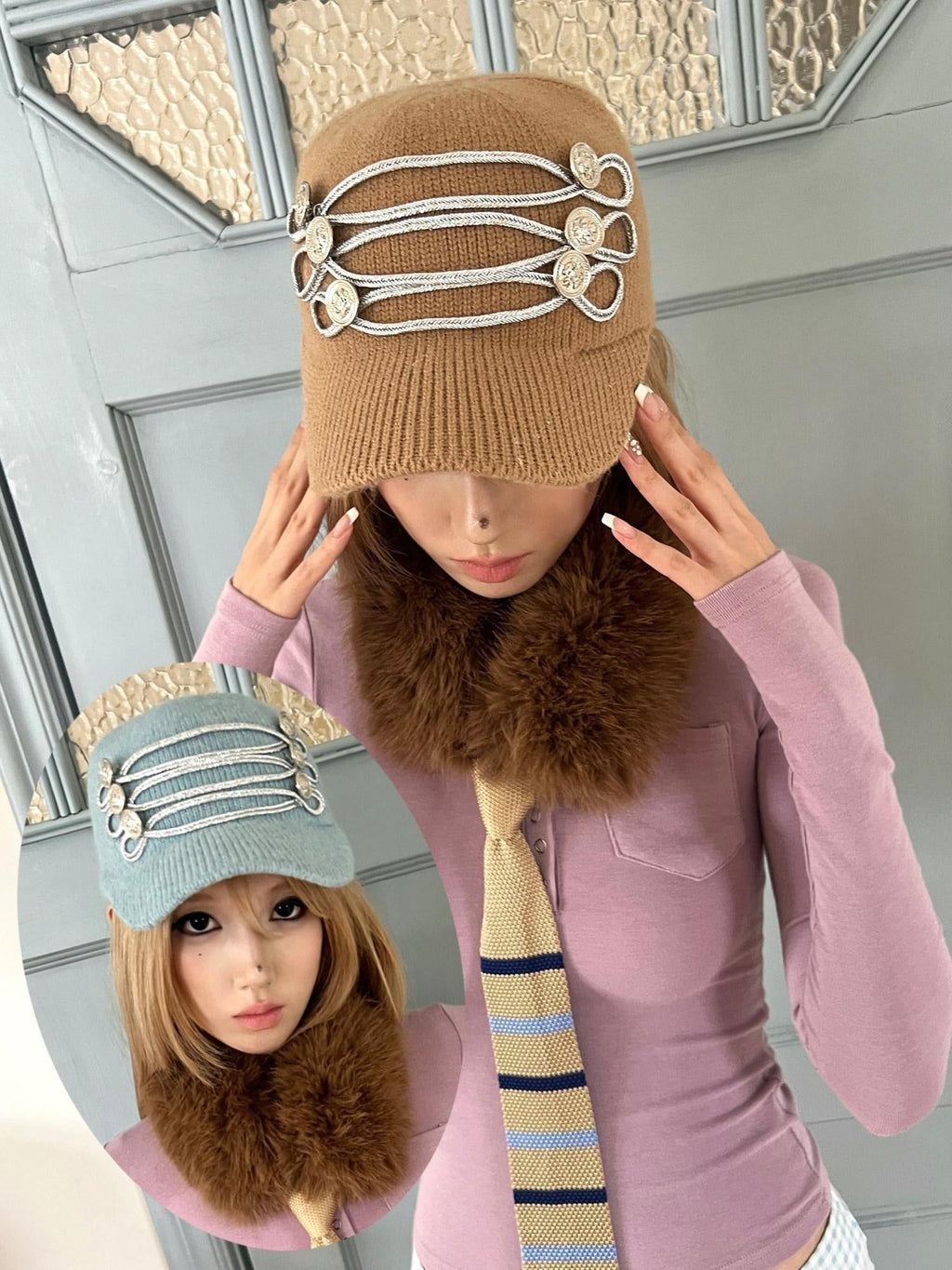 Cozy Thermal Knit Curved Brim Casual Unisex Large 58 To 60 Cm Blue Brown Caps