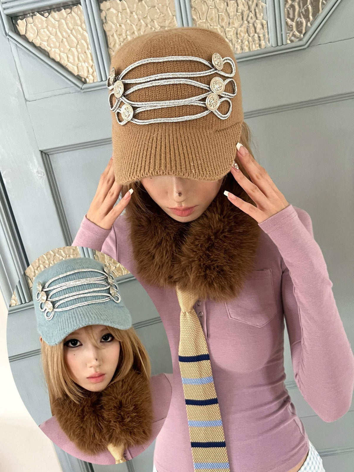Cozy Thermal Knit Curved Brim Casual Unisex Large 58 To 60 Cm Blue Brown Caps
