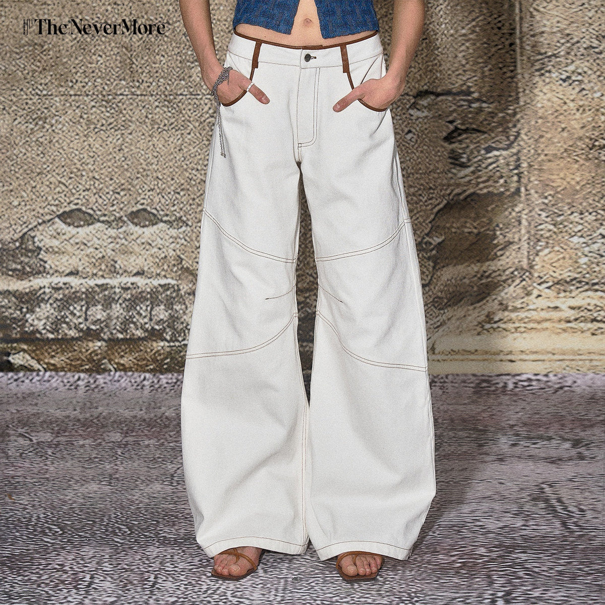 High Cotton Relaxed Distressed Low Rise White Denim Women Wide Leg Jeans