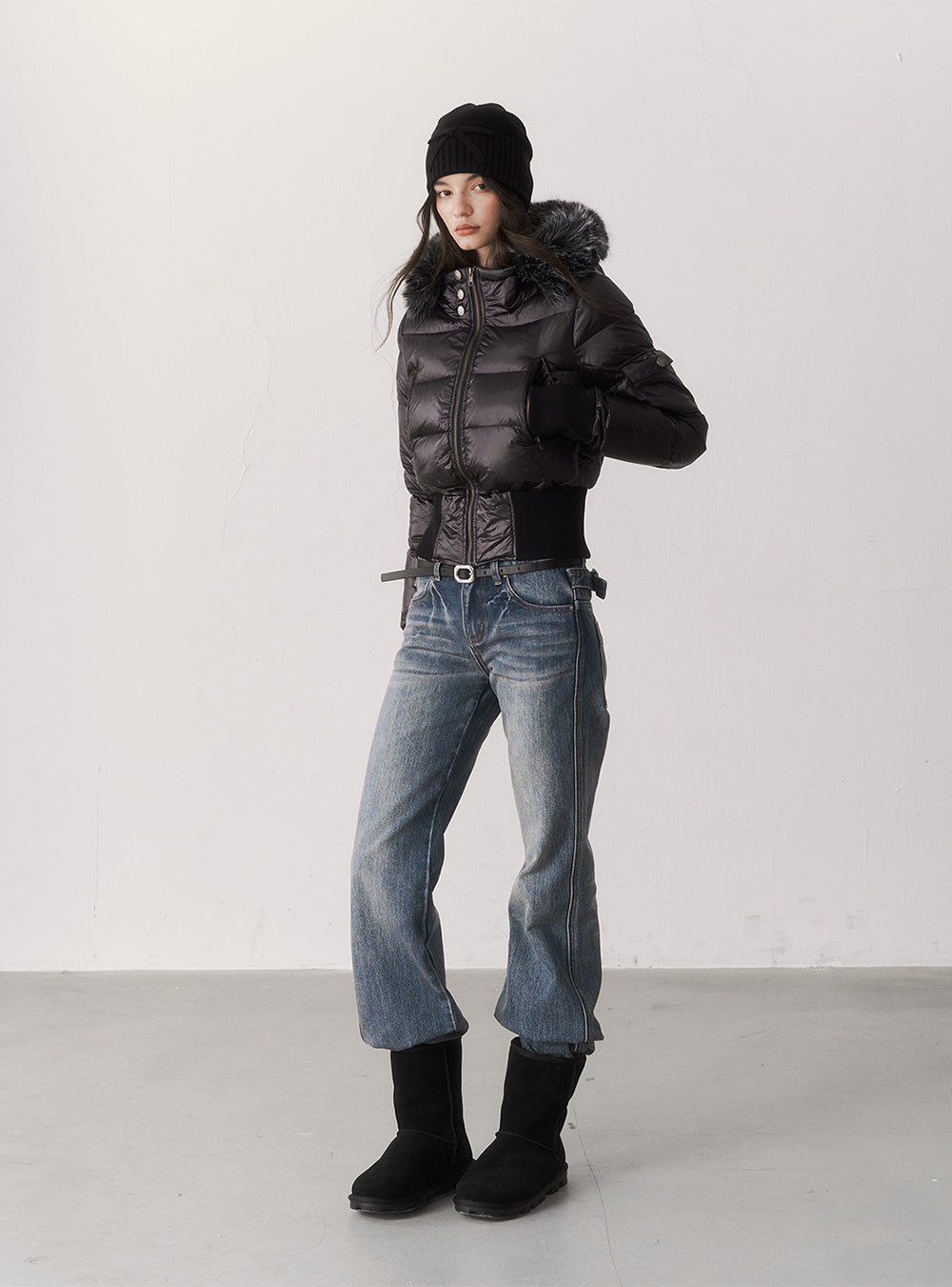 Feather Trim Down Crop Jacket (2color)