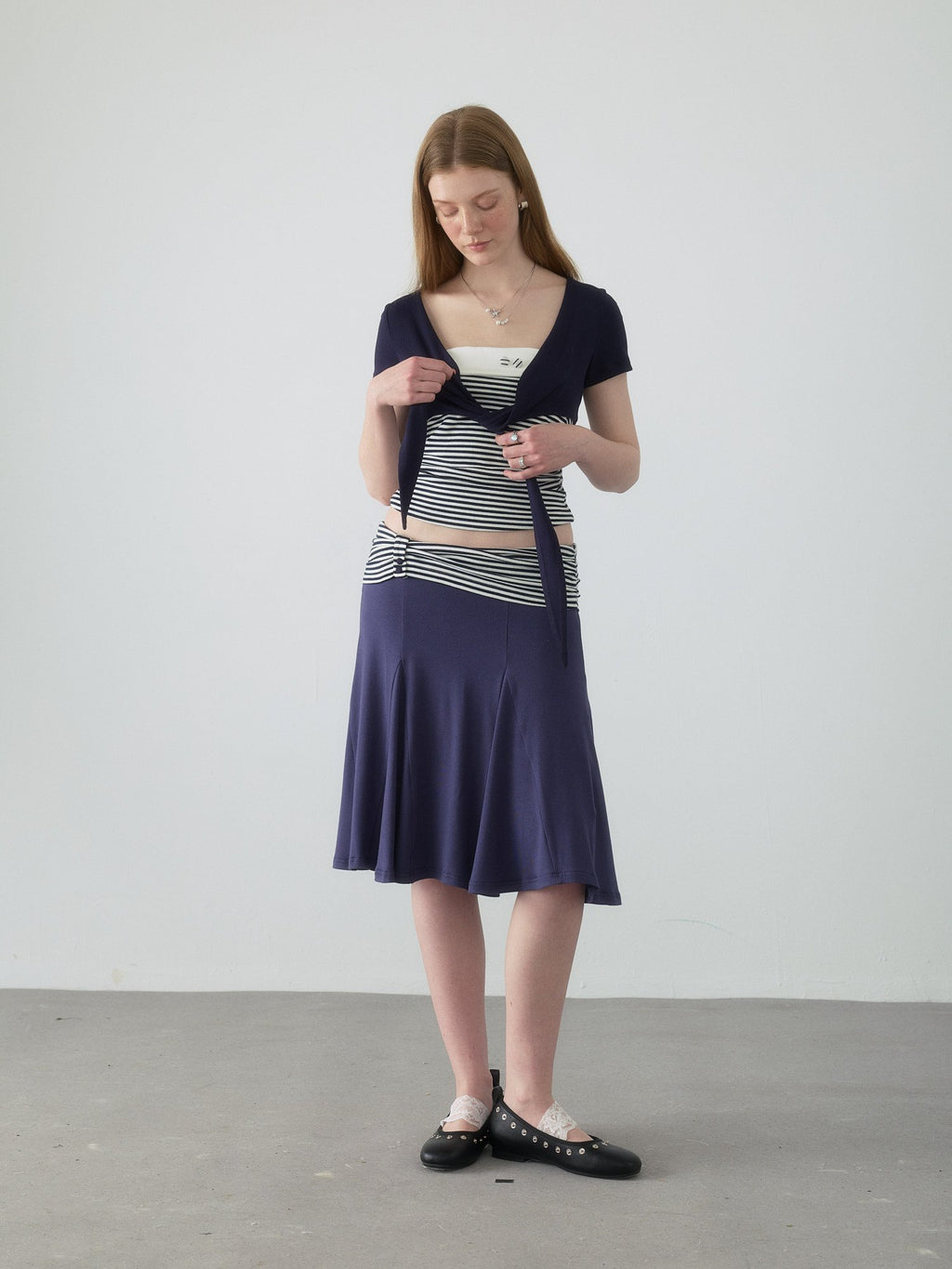 Navy Stripe Panel Flare Skirt